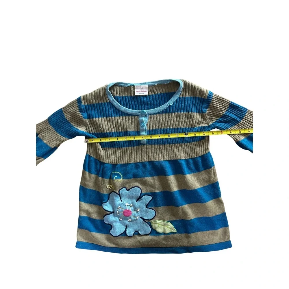 Kids Blue Khaki Striped Flower Applique Sweater Top Long Sleeve Henley‎